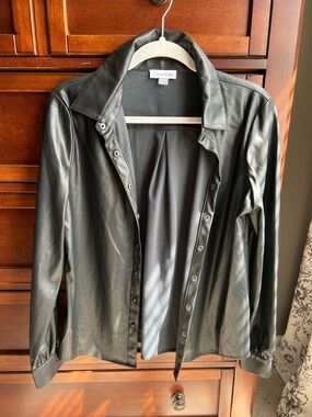 Calvin Klein Black Faux Leather Snap-Front Shirt Jacket